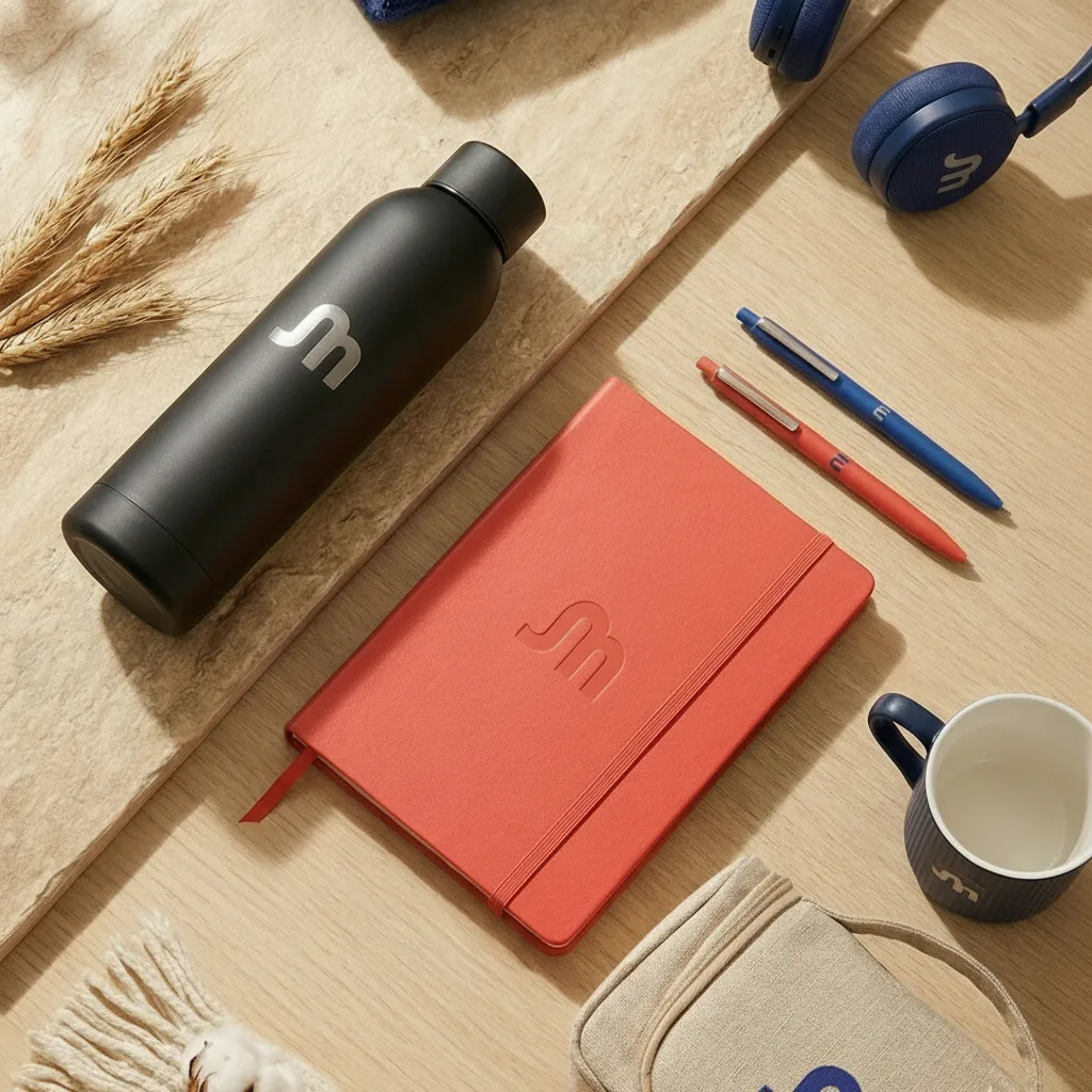 Regalos corporativos personalizados Chile: botella térmica negra, libreta coral, audífonos azul marino, taza, neceser beige y bolígrafos con logo Merchi - merchandising empresarial premium